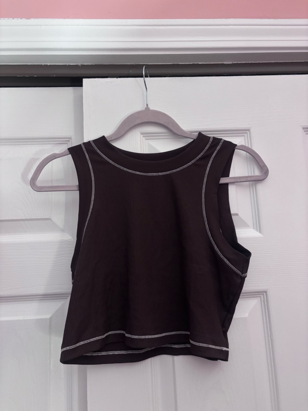 SHEIN Dark Brown Ribbed Crop Tank with Contrast Stitch